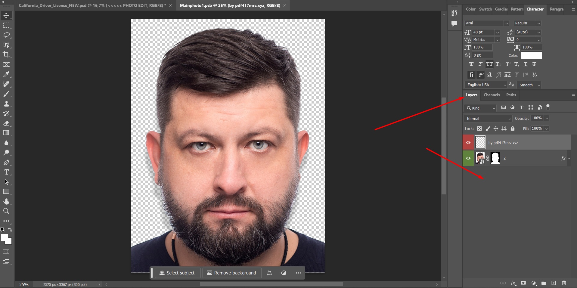 Работа со слоями для изменения фотографии в шаблоне удостоверения личности США