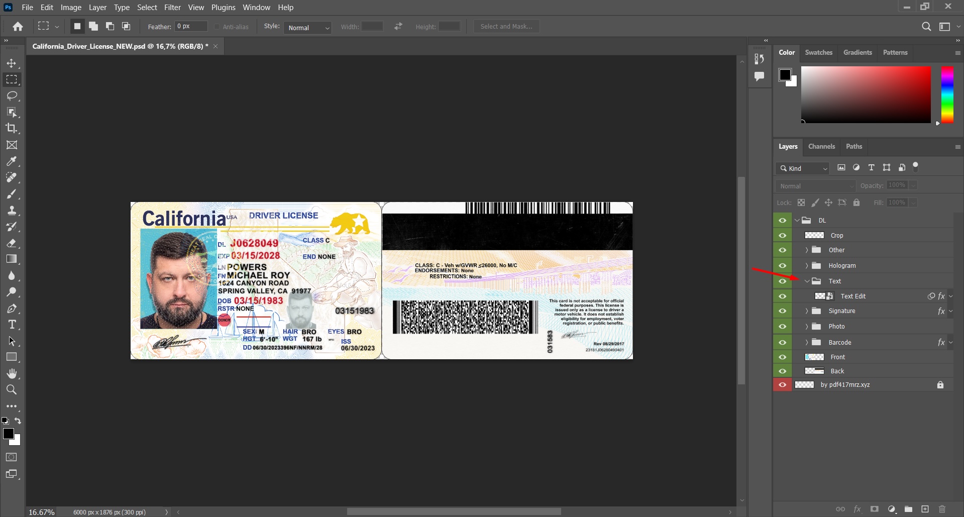 Идентификатор водительских прав Калифорнии в Photoshop