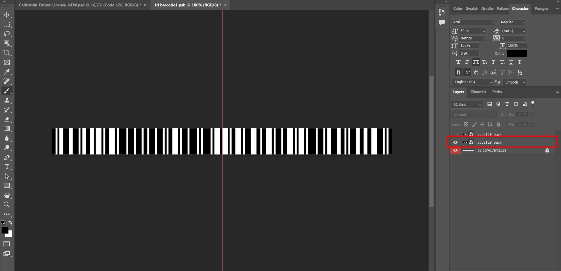 Шаблон PSD ID. Применить новый штрихкод Code128 к слою.