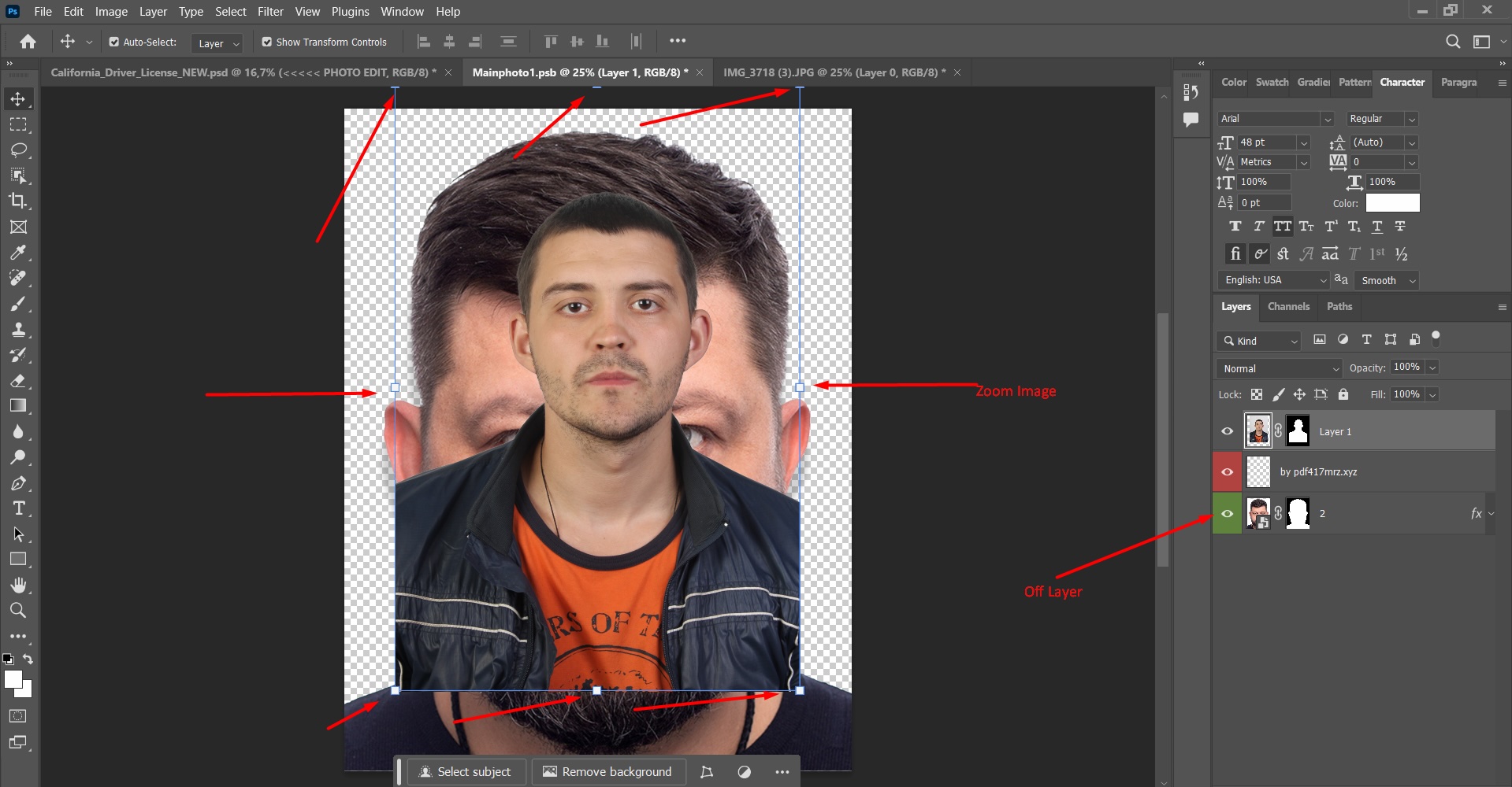 Resize and adjust the photo to fit the correct dimensions in the ID card PSD template.