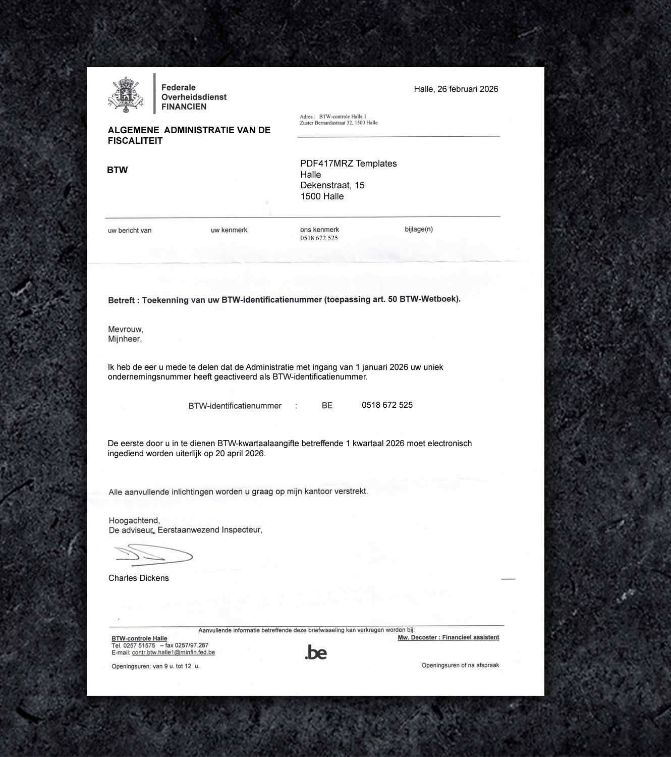 Belgium VAT Certificate PSD Template - 2026