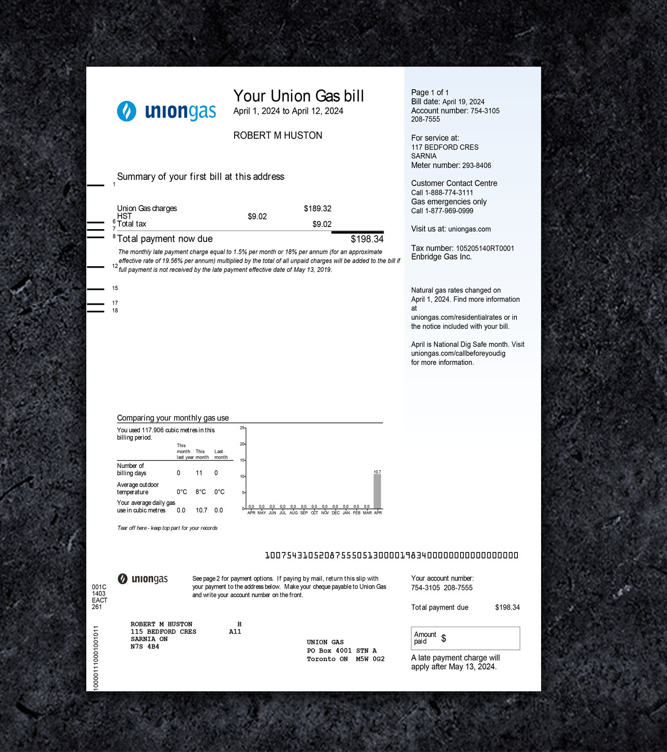 Union Canada Gas Bill PDF Template - 2024