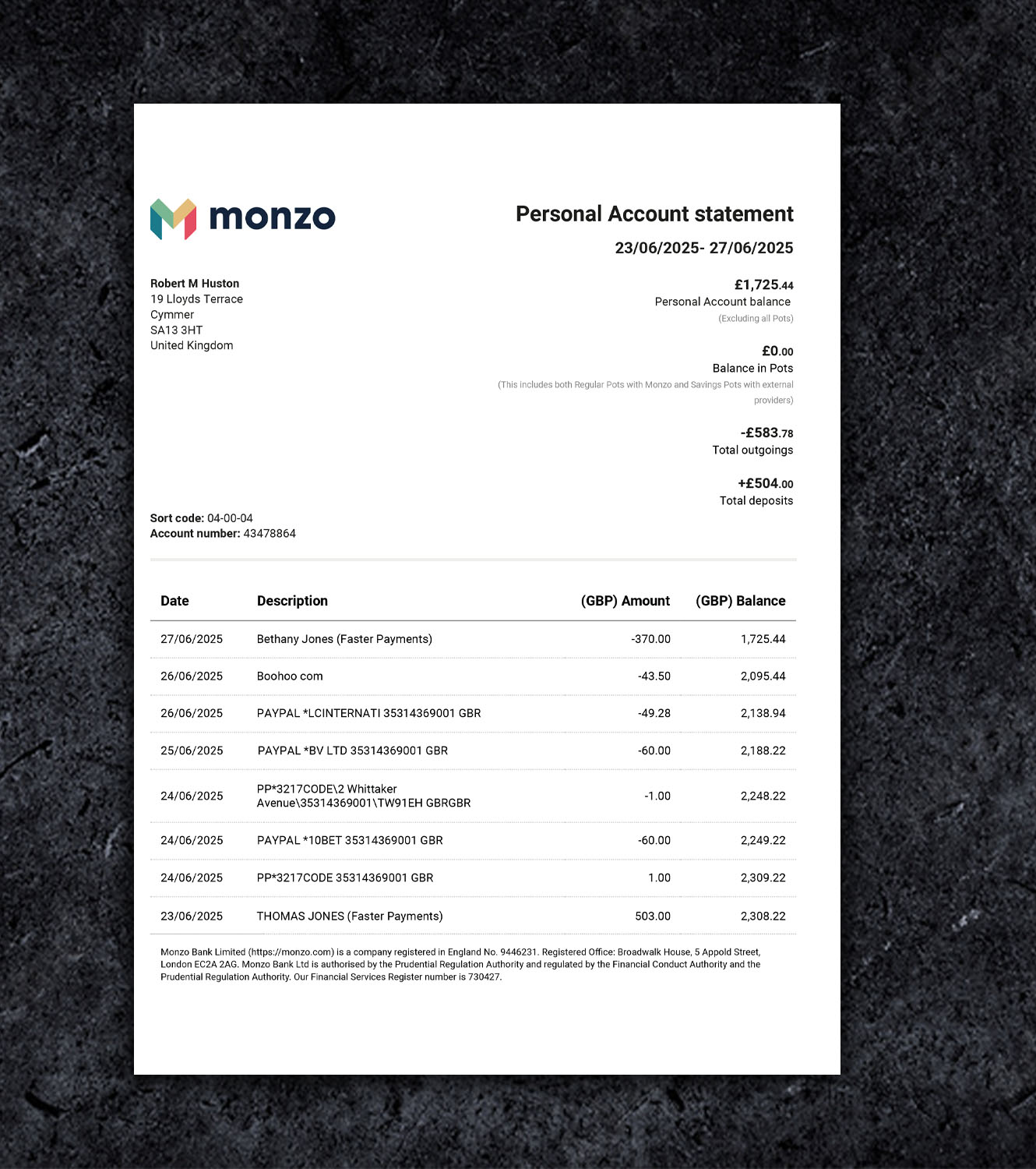 Monzo United Kingdom UK Statement PDF Template - 2025