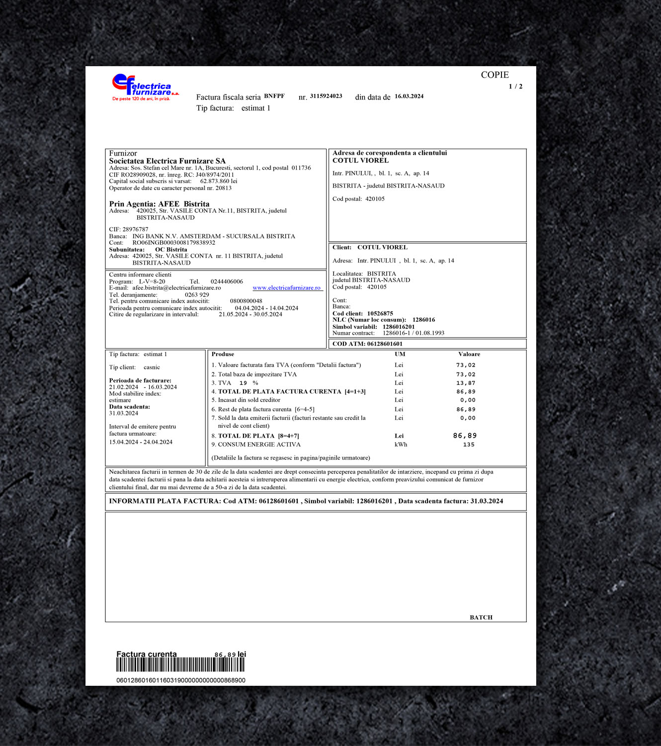 Electrica Romania Utility Bill PDF Template - 2024 - Thumbnail ro_bill_1.jpg